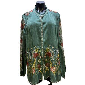 Johnny Was Embroidered Silk Blouse Green XL